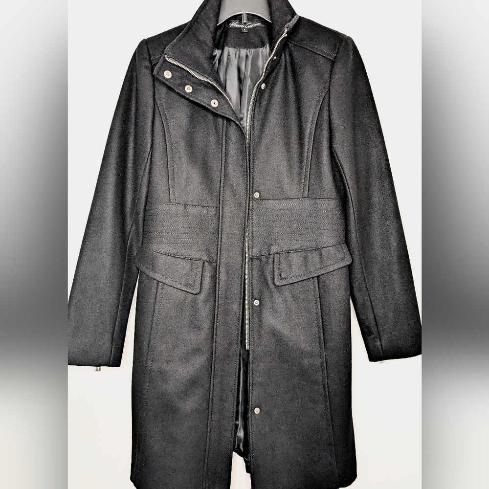 Stunning Kenneth Cole NY Black Stand Collar Wool Blend Walker Coat - Picture 5 of 11